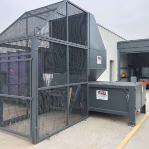 Static Compactor Loaded by Integrated Wheelie Bin Lift Fully Enclosed by Cage