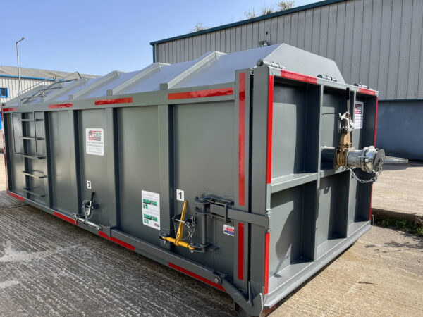 roll on/roll off sludge container with loading door inlet opened from ground level